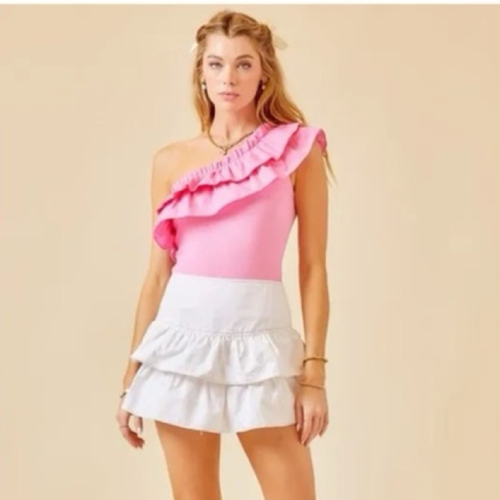 One-Shoulder Pink Ruffle Bodysuit